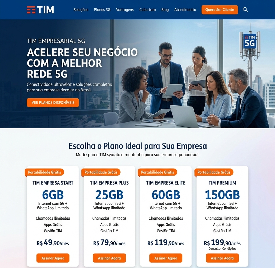 Site TIM Telecon — Planos Empresariais 5G