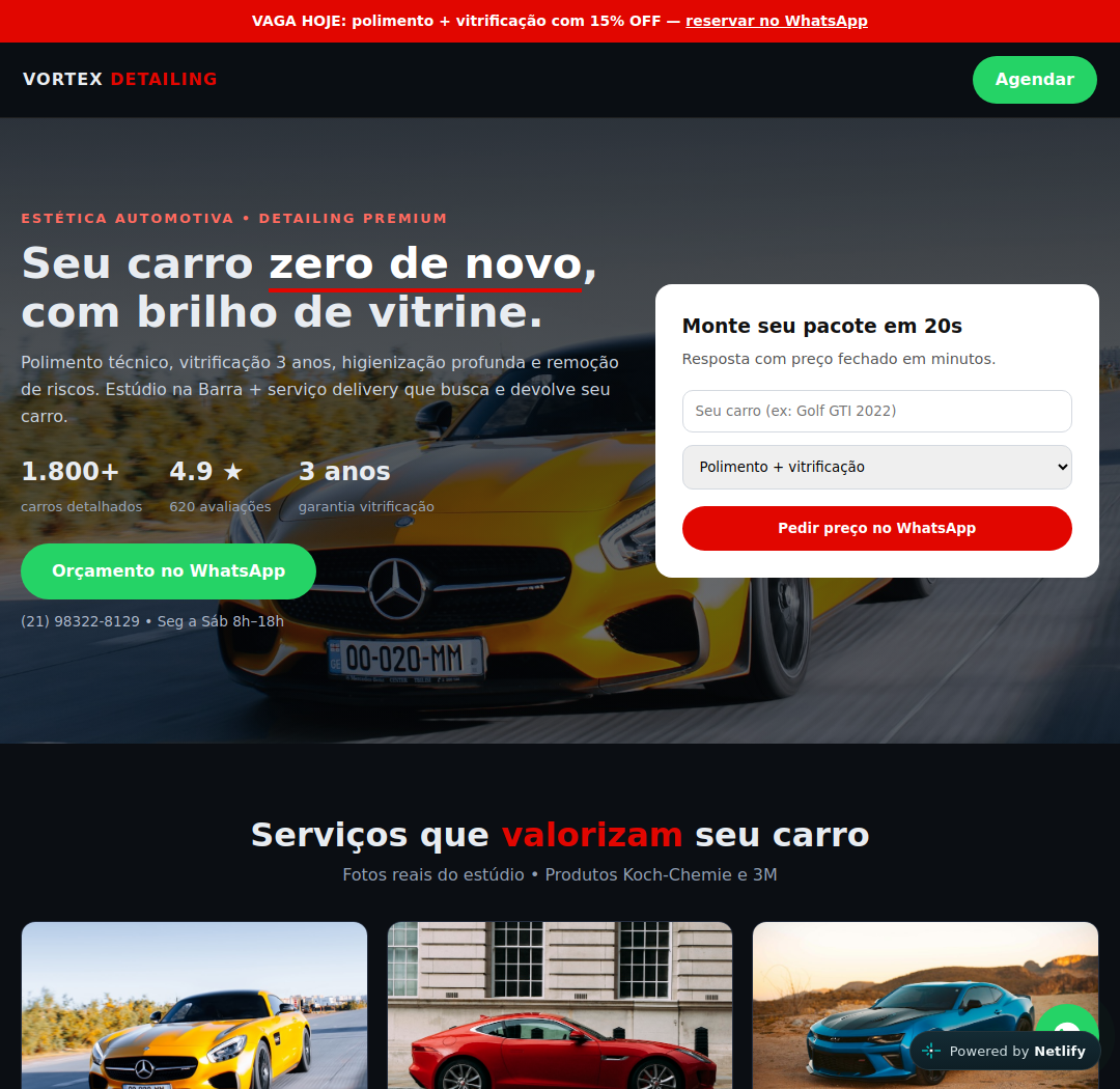 Site Vortex Detailing Estética Automotiva